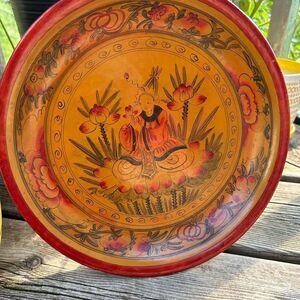Set of 2 Wax Stamped Vintage Asian Hand Painted Floral Wooden Plates
